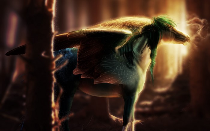 Pegasus with glowing wings in a forest