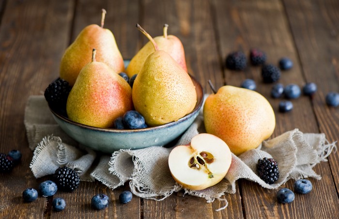 Pears, Blueberries, and Blackberries in a Bowl