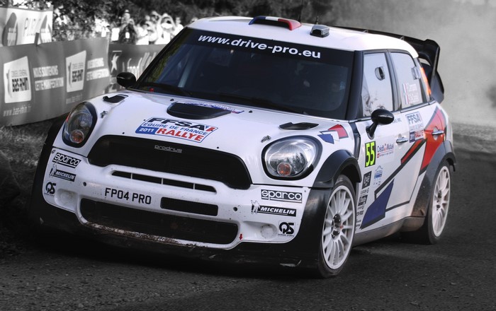 White Mini Cooper Rally Car with "FP04 PRO"