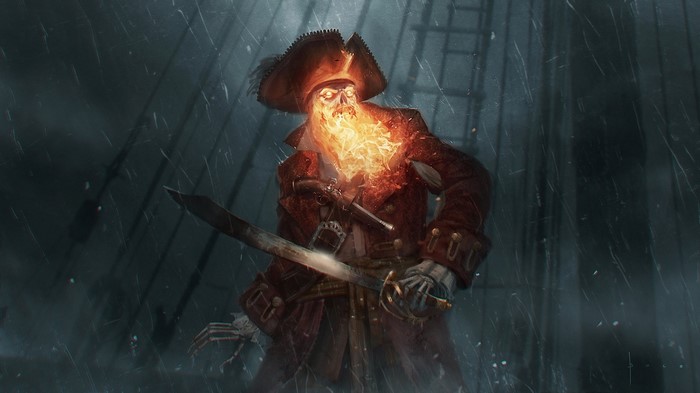 Undead pirate with fiery beard and sword in the rain