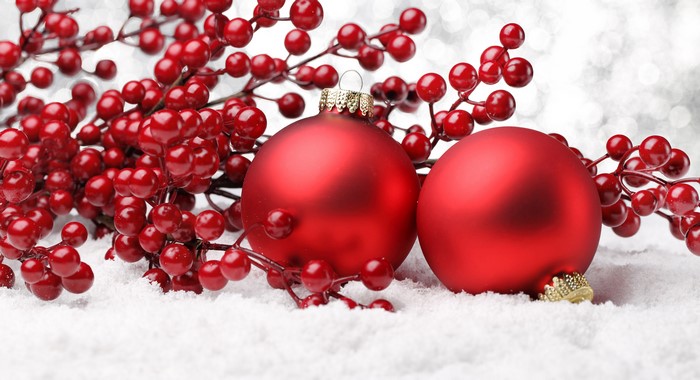 Red Christmas Ornaments and Berries in Snow