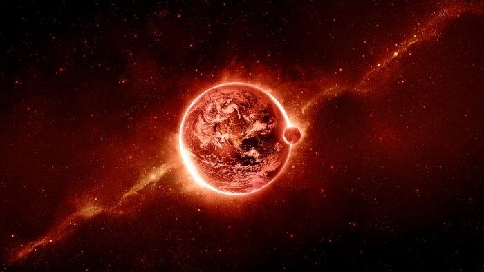 Red planet and moon in space with nebula