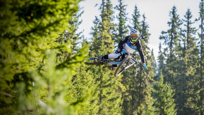 Mountain biker jumping over trees