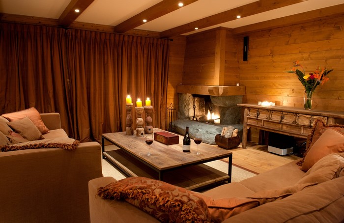 Cozy living room with fireplace and sofas