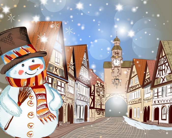 Christmas Snowman in a European Town