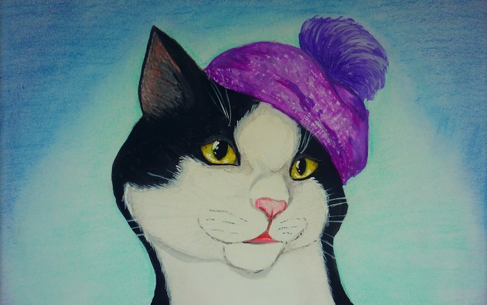 Painting of a black and white cat wearing a purple hat