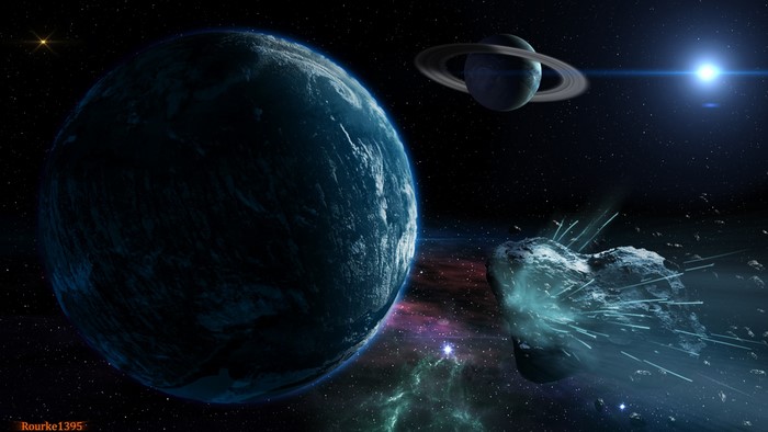Planets and asteroids in deep space with nebula