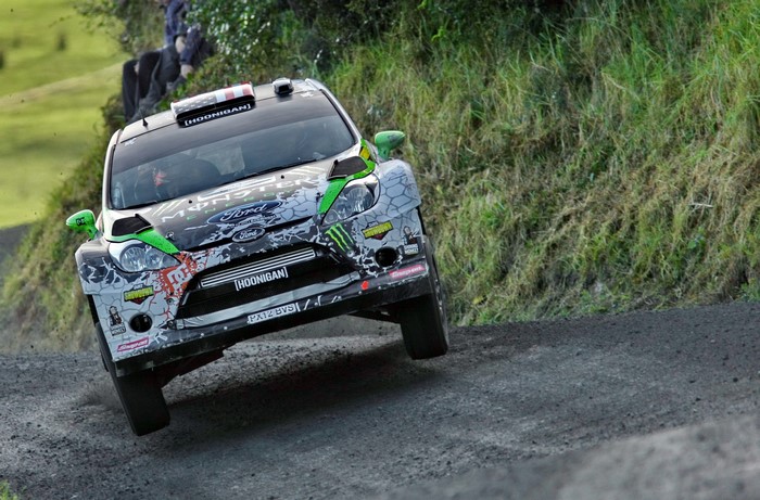 Ford Fiesta rally car on a dirt track