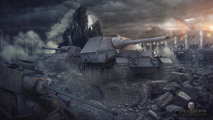 World of Tanks: Ferdinand and other tanks in a destroyed city