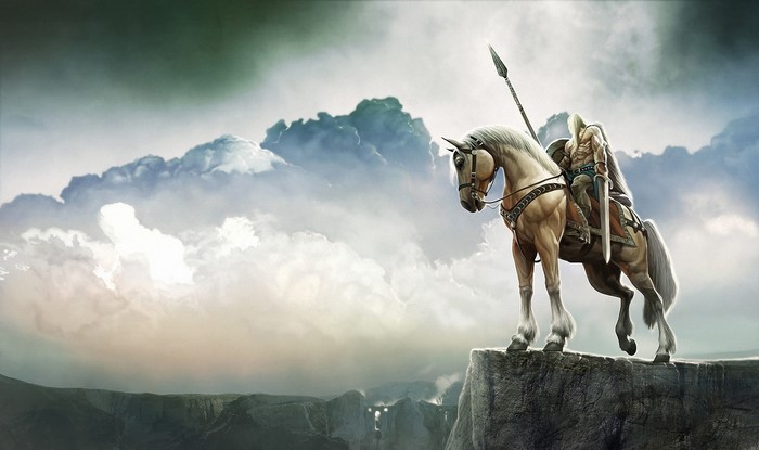 Warrior on horseback with spear on cliff edge