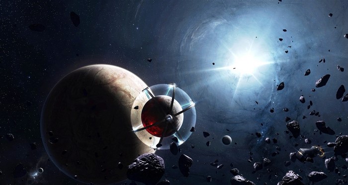 Space scene with planets, asteroids, and a futuristic structure