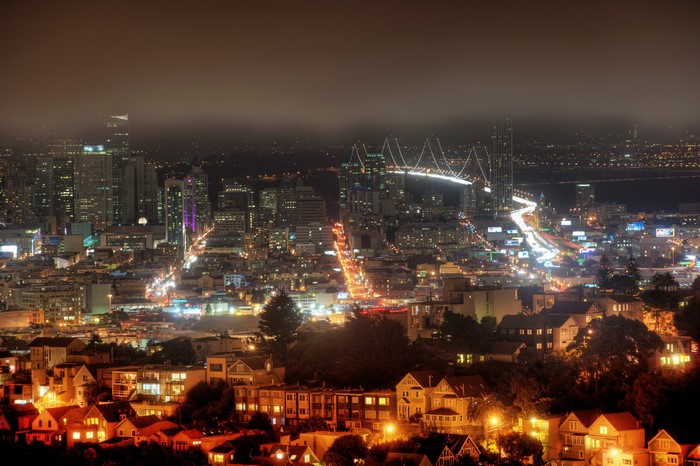 San Francisco Skyline and Bay Bridge at Night