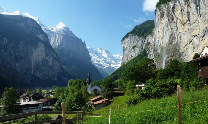 Lauterbrunnen Valley with Waterfall and Snowy Mountains, Switzerland