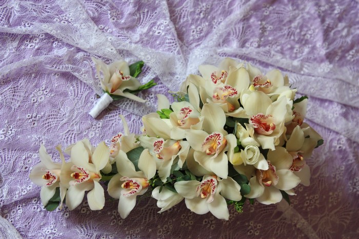 White orchids and boutonniere on lace