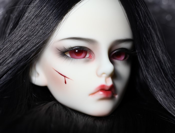 4K Doll Face with Red Eyes and Scar