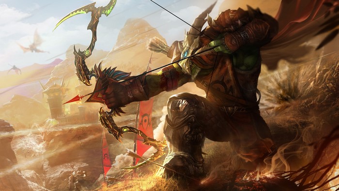 Orc Archer aiming a bow in a desert landscape