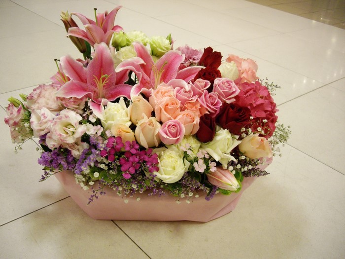 Pink and Red Flower Arrangement with Lilies and Roses