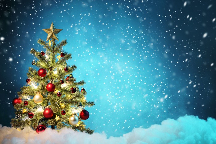 Christmas tree with ornaments and snowflakes