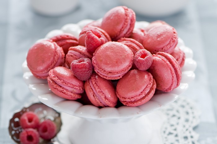 Pink Raspberry Macarons on a White Cake Stand