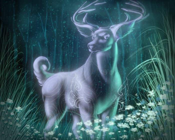 Ghostly deer with glowing antlers in a dark forest