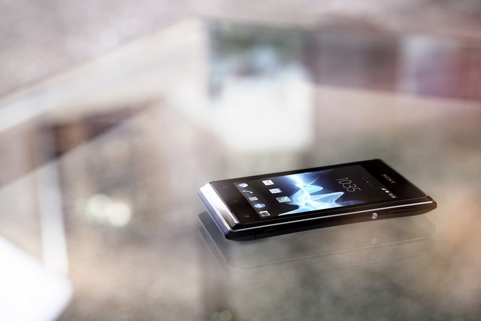 Sony Xperia smartphone on a reflective surface