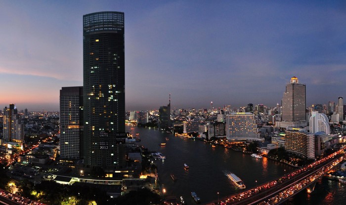 Bangkok skyline at dusk with Chao Phraya River