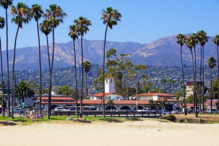 Santa Barbara, California Beach with Palm Trees and Mountains