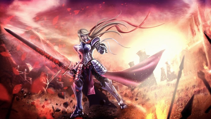 Female knight with sword in battle