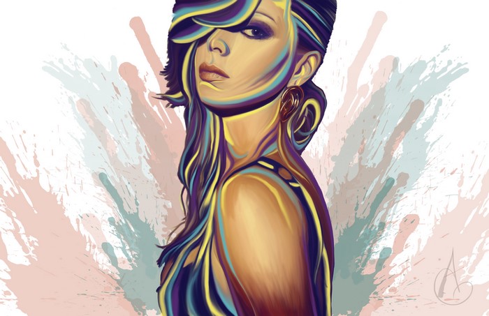 Woman with colorful abstract streaks
