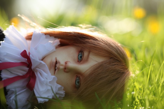 Doll with red hair lying in grass