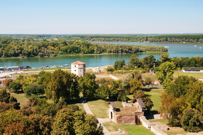Kalemegdan Fortress and the confluence of Sava and Danube rivers in Belgrade, Serbia