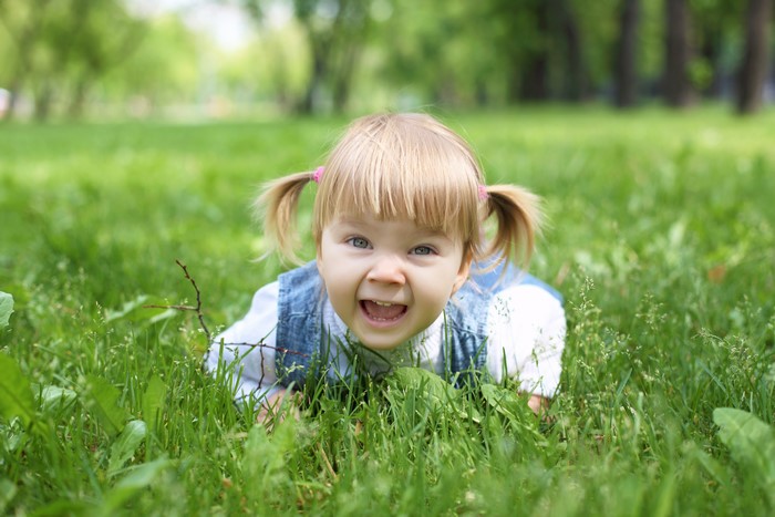 A little girl with pigtails in the grass