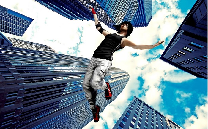 Faith Connors from Mirror's Edge jumping between skyscrapers