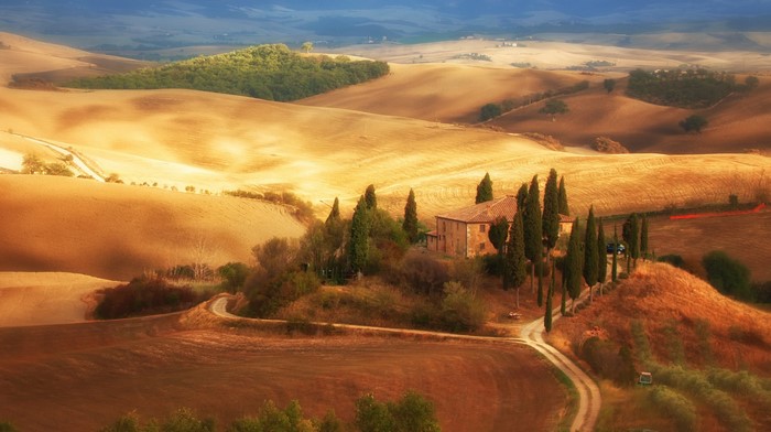 Tuscan landscape with a farmhouse and cypress trees