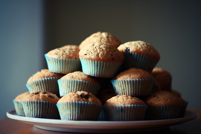 A pyramid of chocolate chip muffins on a plate