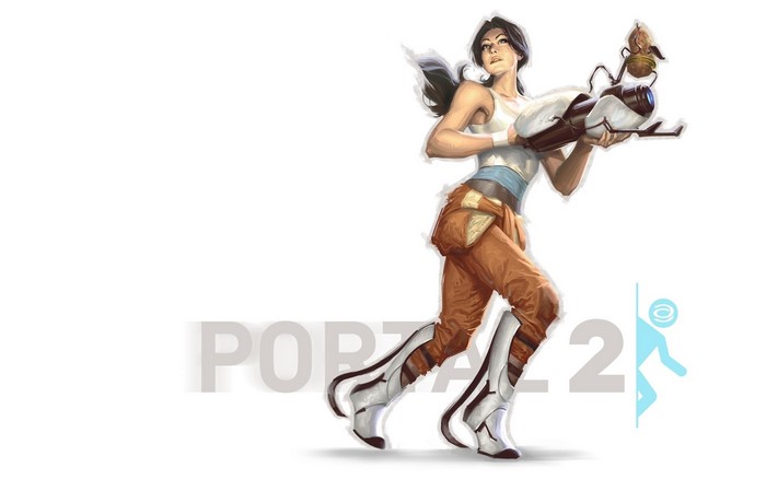 Chell from Portal 2 holding a portal gun