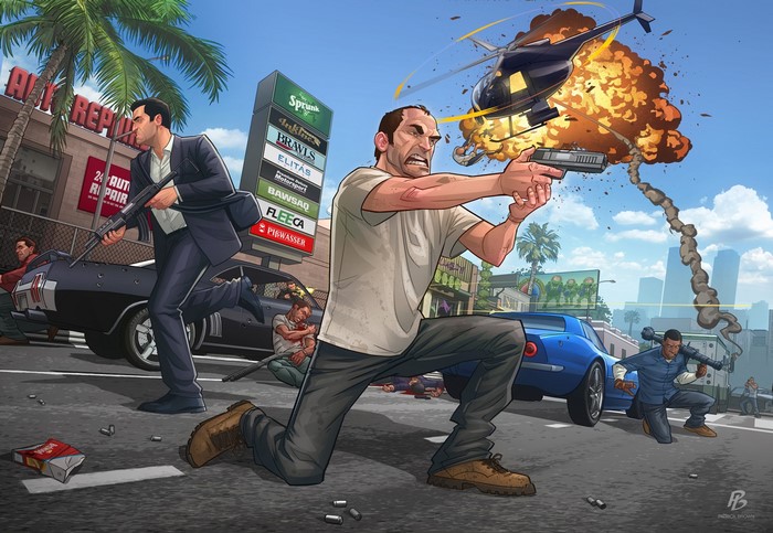 Characters from Grand Theft Auto V in a shootout