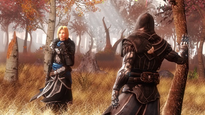 Two warriors in a forest during autumn