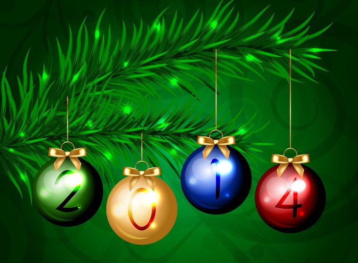 Christmas ornaments with numbers 2014 on a pine branch