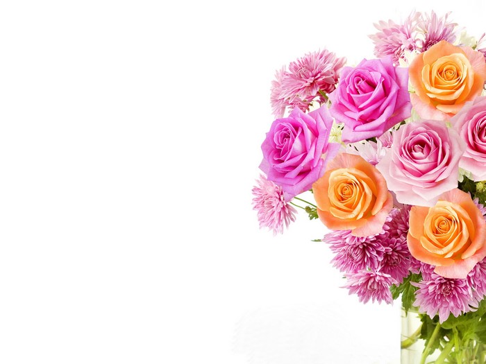 Pink and orange roses with purple chrysanthemums
