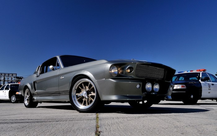 Grey Ford Mustang GT500 with Police Cars
