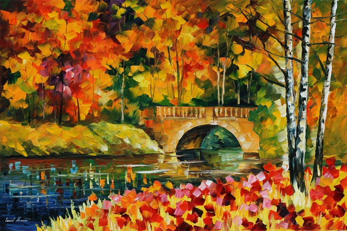 Autumn bridge over water by Leonid Afremov