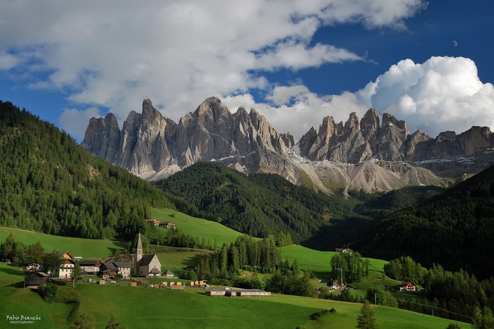 Santa Magdalena village with Odle mountains in Funes, Italy