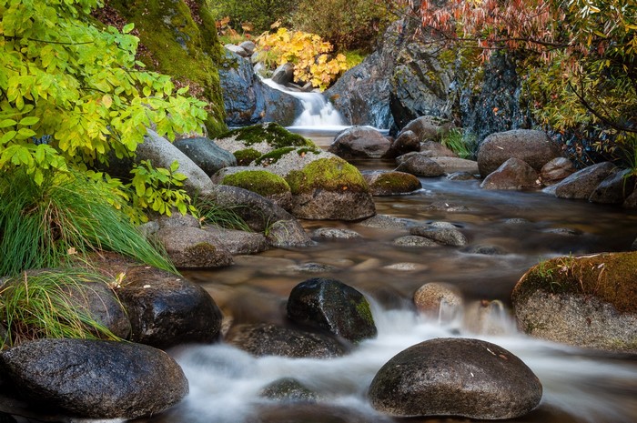 River flowing over rocks with autumn foliage