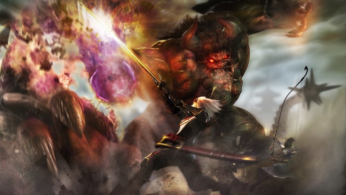 Warriors battle a monster with swords and bow