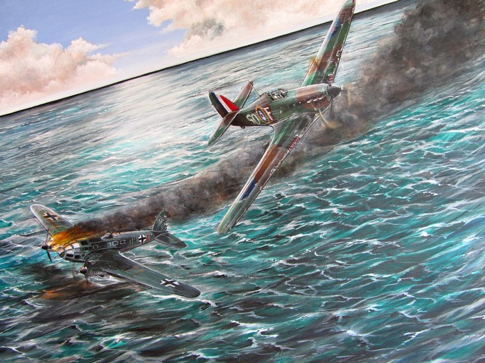 Painting of Airplanes in Combat Over Water