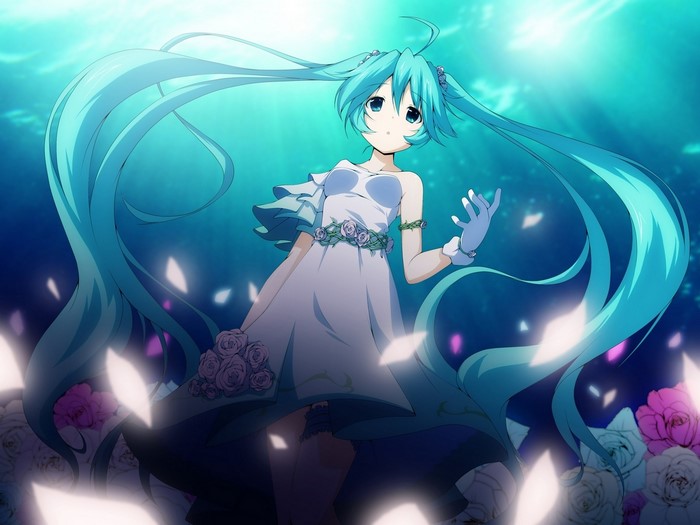 Hatsune Miku in a white dress with roses