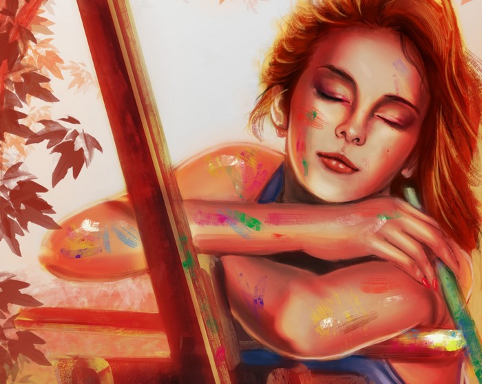 Woman covered in paint resting on easel