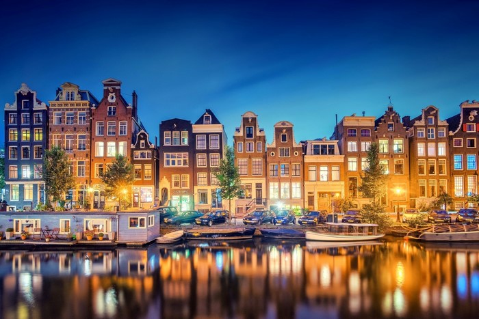 Amsterdam canal houses at night, Netherlands