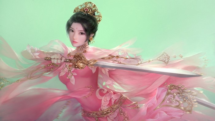 Asian warrior woman in pink dress with sword